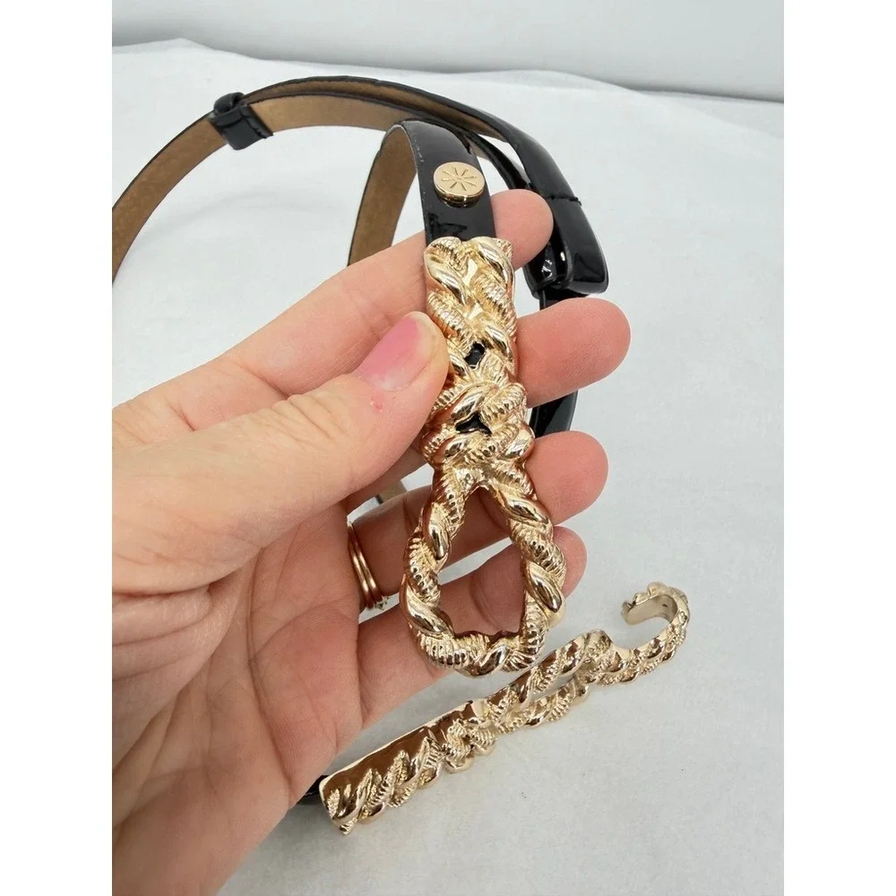 Metal Gold Rope Hook Buckle Patent Leather Skinny Thin Adjustable Belt Sz XL/1X